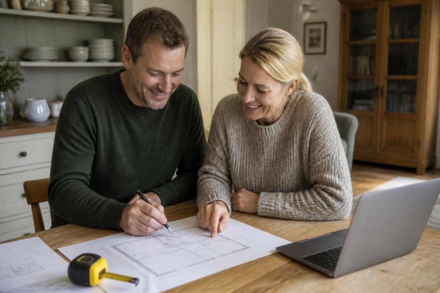 Smilende par ved et spisebord tegner en plantegning til et nyt køkken med målebånd og bærbar computer